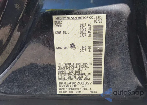 2016 Nissan Altima 2.5/2.5 S/2.5 Sl/2.5 Sr/2.5 Sv z USA, uszkodzony, nr VIN 1N4AL3AP2GC201857